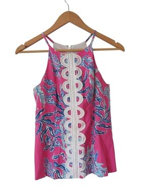 Lilly Pulitzer Annabelle Halter Top 0 Pink Samba Embroidered Preppy Nautical